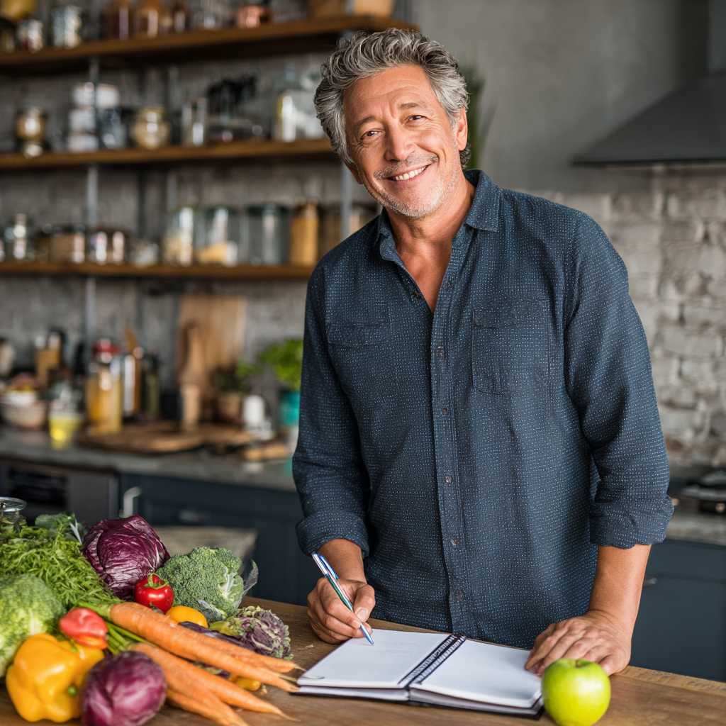 Middle-aged man around 50 years old with gray hair wearing a casual navy blue shirt, standing in a modern kitchen with fresh groceries spread on the counter, smiling while holding a green apple and looking at his meal planning notebook