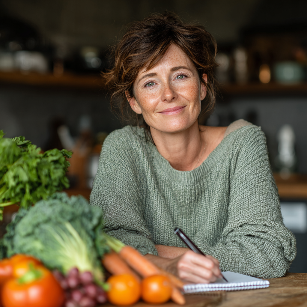 Smiling mature woman in her late 40s with short brown hair wearing a light green sweater, sitting at a wooden kitchen table with fresh vegetables, fruits and a notebook, looking confident and happy while planning her healthy meals